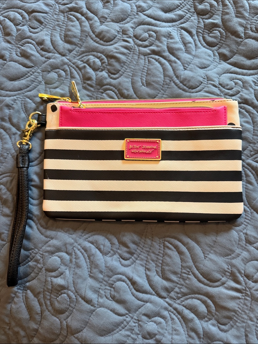 Betsey Johnson Black & White Striped Wristlet with Hot Pink Accent